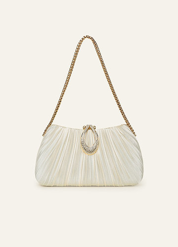 front Matching Color Crystal Buckle Pleated Satin Clutch Bag