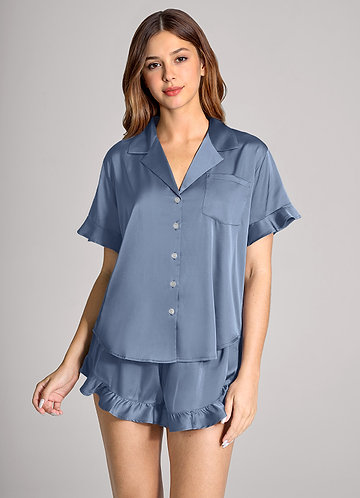 front Matching Color Ruffled Short Sleeve Pajama Set
