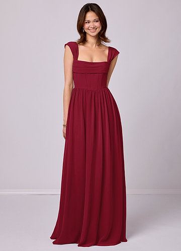Barbie ♥ Azazie Bridesmaid Dresses Vestido Borgonha de Chiffon de Linha A com Espartilho image1