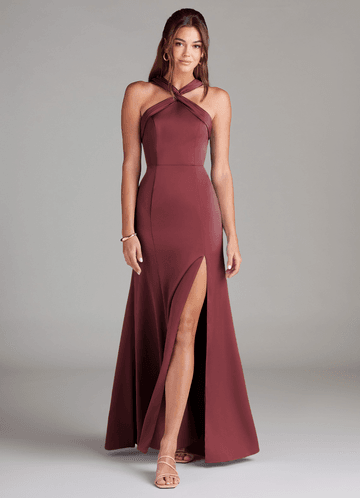 Azazie Rue Bridesmaid Dresses Merlot A-Line Pleated Stretch Satin Dress image1 0