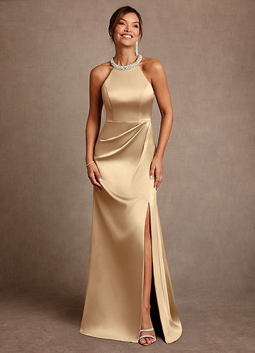 slim fit dress slacks Leely Women Champagne Satin A-Line Maxi Mother of the Bride Dress with Lace  Short Jacket – leelyuk main image 1