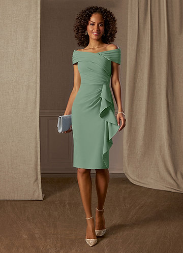 Azazie Monet Mother of the Brides Dresses Matcha Sheath Pleated Stretch Crepe Dress image1