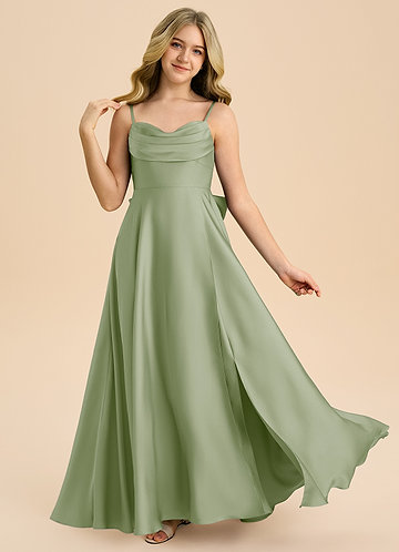 Azazie Bear Junior Vestido de Salvia Polvorienta de Satén Elástico de Corte en A con Escote de Corazón image1