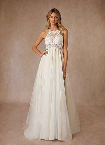 T202051 Halter Neckline Lace & Crepe Wedding Dress