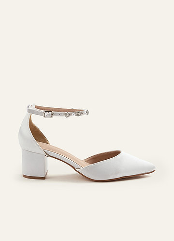front Satin Pearl and Bow Pointed Toe Block Heels