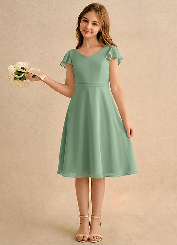 Azazie Narin Girls Formal Blumenkinder Kleider A-Linie mit ärmel Chiffon Kleid Matcha image1