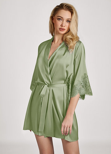 front Dusty Sage Satin Lace Trim Sleeve Robe