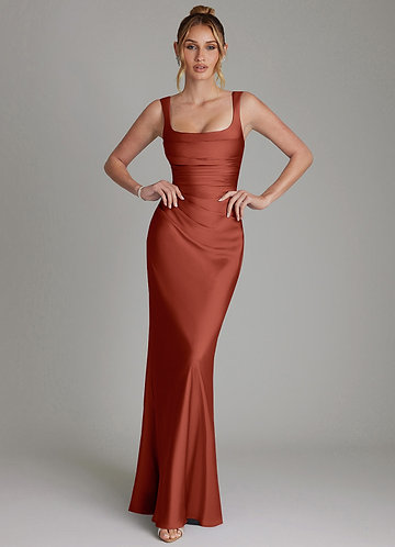 Azazie Agustina Robes Demoiselle d'honneur Robe Sirène en Satin extensible Corset Terracotta image1