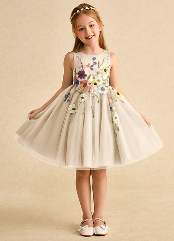 Azazie Prima Flower Girl Dresses Champagne A-Line Bow Tulle Dress image1