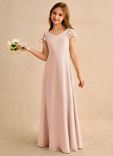 Azazie Nari Girls Formal Flower Girl Dresses English Rose A-Line with Sleeves Chiffon Dress image1