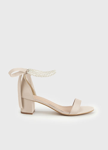 front Matching Color Matte Satin Pearl and Bow Open Toe Chunky Heel Sandals