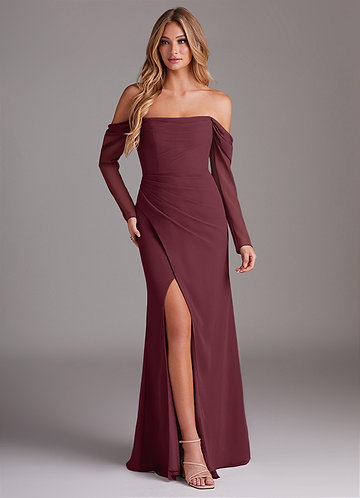 Azazie Hallie Bridesmaid Dresses Cabernet Mermaid Long Sleeve Chiffon Dress image1