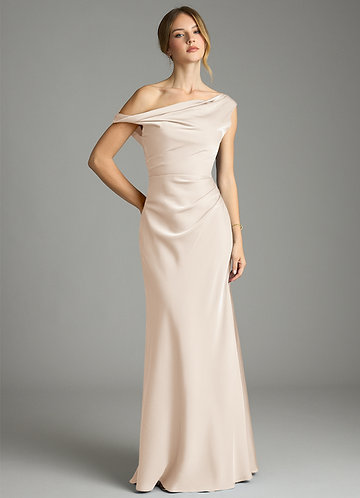Azazie Emerson Bruidsmeisjesjurken Jurk van Stretch Satijn met Zeemeermin Off-shoulder Wit Albast image1