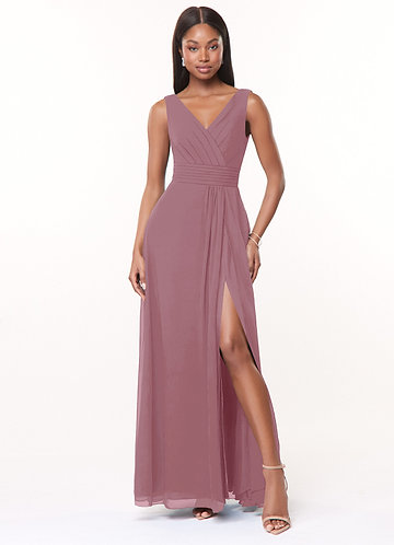 dark mauve bridesmaid dresses Azazie Maren shoulder design with dramatic drape detail for a sophisticated silhouette Flowing satin fabric creates a graceful movement perfect for walking down the aisle Flattering side slit adds a contemporary touch to this timeless bridesmaid style Floor Mauve Bridesmaid Dresses & Maid