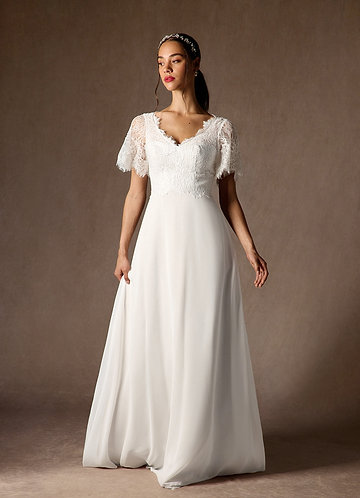 short flowy sleeve wedding dress A Line V Neck Short Sleeves Romantic Lace Boho Wedding Dress QW2080 US10 / As Picture