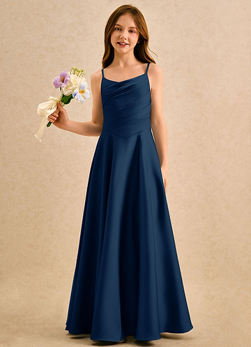 Azazie Coconut Girls Formal Blumenkinder Kleider A-Linie Plissee Stretch-Satin Kleid Dunkelmarine image1