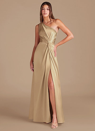 Champagne Metallic Satin Bridesmaid Dresses | Azazie Champagne Metallic Satin Bridesmaid Dresses | Azazie