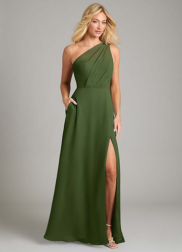 Azazie Phaedra Bridesmaid Dresses Olive A-Line One Shoulder Chiffon Dress image1