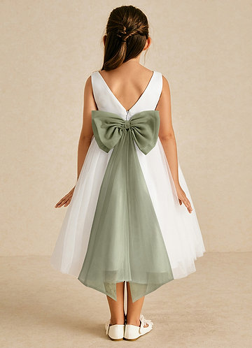Azazie Kavi Flower Girl Dresses Ivory Pistachio A-Line Bow Matte Satin Dress image1