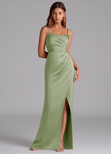 Azazie Calandra Bruidsmeisjes Jurken Jurk van Stretch Satijn met A-Lijn Geplooid Stoffige Salie image1