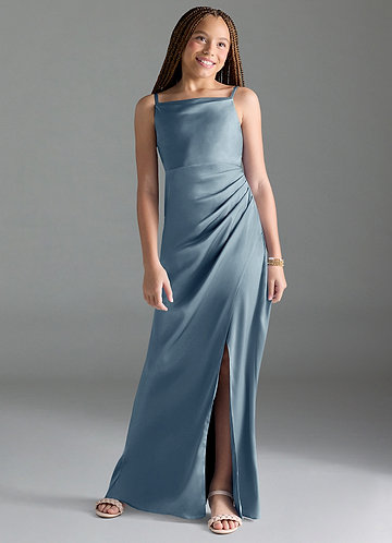 Azazie Leonis Junior Dusty Blue A-Line Pleated Stretch Satin Dress image1