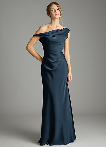 Emerson Bridesmaid Dresses Dark Navy Mermaid Off the Shoulder Stretch Satin Dress image1