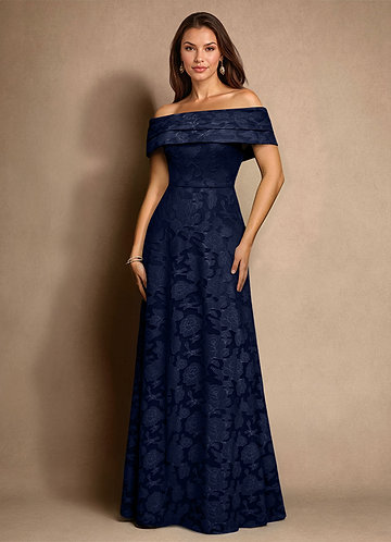 Azazie New Britain Mother of the Brides Dresses Dark Navy A-Line Pleated Floral Burnout Dress image1