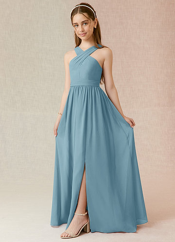 Azazie Jiya Junior Abito A-Line in Chiffon Plissettato Blu Lunatico image1