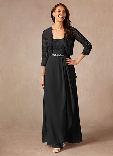 Azazie Ainsling Moeder van de Bruid Jurken A-Lijn Jurk van Chiffon Vierkante Halslijn Kant Zwart image1