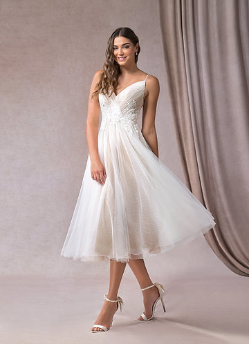Azazie Liana Wedding Dresses Diamond White Nude A-Line V-Neck Sequins Tulle Dress image1 0