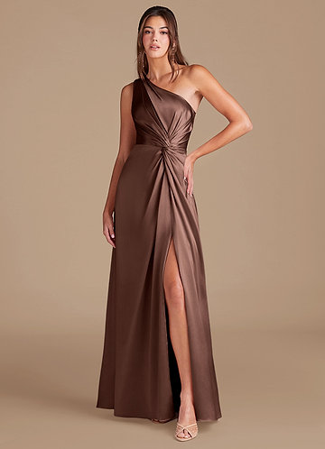 Azazie Brooke Robes Demoiselle d'honneur Robe Trapèze en Satiné métallisé Une épaule Expresso image1