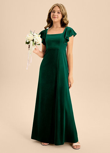 Azazie Bondi Junior Emerald A-Line Bow Velvet Dress image1