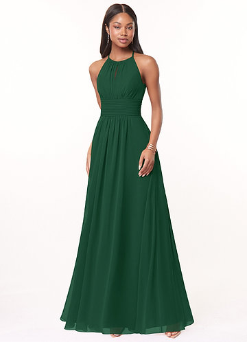 Azazie Bonnie Bridesmaid Dresses Dark Green A-Line Keyhole Ruched Chiffon Dress image1
