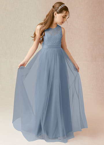 Azazie Georgette Junior Dusty Blue A-Line Lace Tulle Dress image1
