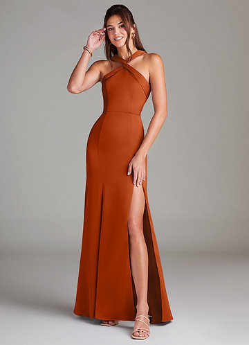Azazie Rue Bridesmaid Dresses Burnt Orange Mermaid Pleated Stretch Satin Dress image1
