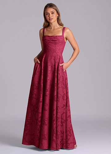 Azazie Shaude Bridesmaid Dresses Burgundy A-Line Pleated Floral Burnout Dress image1