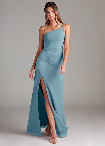 Azazie Eren Vestidos Dama de Honor Vestido de Azul Malhumorado de Gasa de Corte Recto con Hombro unilateral image1