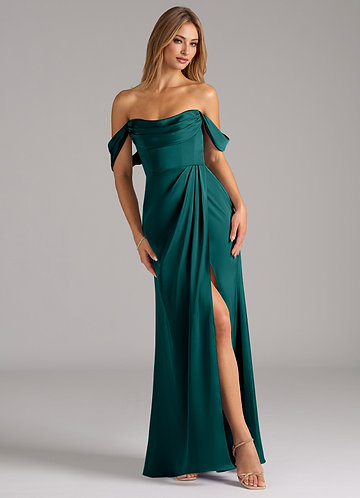 Azazie Johana Robes Demoiselle d'honneur Robe Sirène Convertible en Satin extensible Épaule décolletée Paon image1