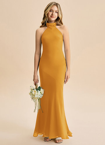 Azazie Velli Junior Vestido Caramelo de Chiffon de sereia com Pescoço alto image1