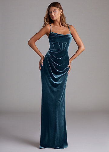 Azazie A-Line Square Neck Floor-Length Velvet Bridesmaid Dresses - Blue Topaz
