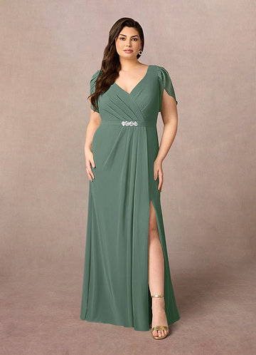 Azazie Marianne Vestidos de Madre de la Novia Vestido de Eucalipto de Gasa de Corte Recto con Cuello en V plisado image1