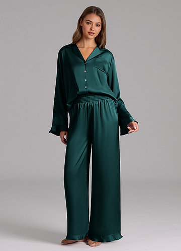 front Matching Color Ruffled Satin Long Sleeve Pajama Set