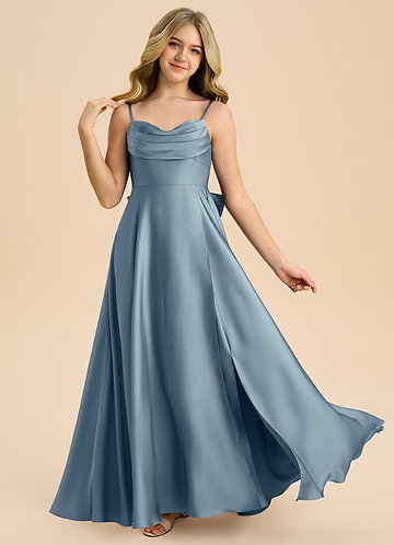 Azazie Bear Junior Dusty Blue A-Line Sweetheart Neckline Stretch Satin Dress image1