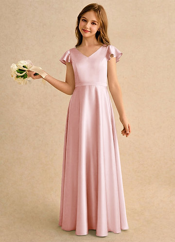 Azazie Nari Girls Formal Kukkaistyttöjen mekot A-linja hihoilla Joustava satiini Lattian pituus Pukeutua image1