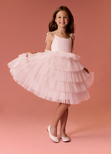 Barbie ♥ Azazie Flower Girl Dresses Scoop Bow Strap Lace Tulle Tier A-Line Dress image1