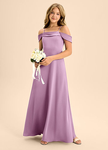 Azazie Anselie Junior Vestido Glicínia de Cetim elástico de Linha A com Fora do ombro image1