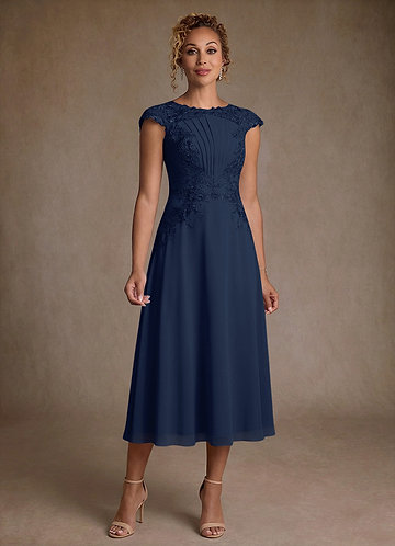 Azazie Crista Mother of the Bride Dresses Vestido Azul Marinho de Chiffon de Linha A com Renda image1