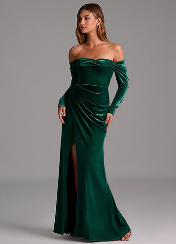 Azazie Hallie Bridesmaid Dresses Emerald Mermaid Long Sleeve Velvet Convertible Dress image1