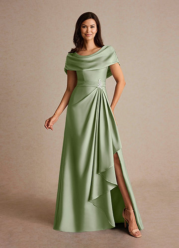 Azazie Branford Mother of the Brides Dresses Dusty Sage A-Line Pleated Stretch Satin Dress image1