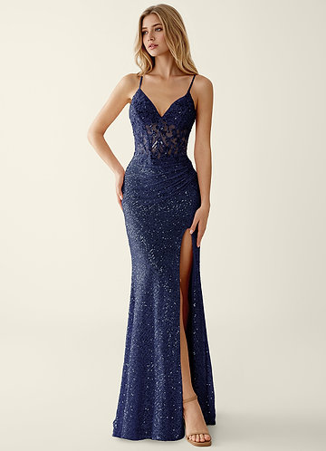 Noellress Dunkelblau Spitzen-Pailletten-Stickerei-Perlen-Abendkleid image1